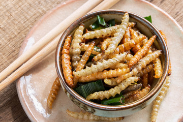 Bamboo edible worm insects crispy or Bamboo Caterpillar in a ceramic bowl on a wood table. The concept of protein food sources from insects. It is a good source of protein, vitamin, and fiber.