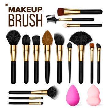 Makeup Brush Set Vector. Cosmetic Beauty Tools. Professional Woman Facial Equipment. Female Accessory. Realistic Isolated Illustration