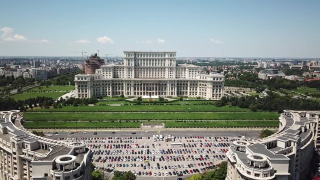 Different angles over the Palace of the Parliament in Bucharest Romania. 2nd largest administrative building in the world. Summer 2018. Height of 84m 276ft, floor area of 365,000 m2 3,930,000 sq ft