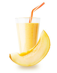 Glass of melon yogurt or smoothie with slice of melon
