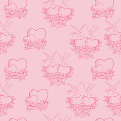 Happy Valentine's Day seamless pattern with old school tattoo style. Editable vector illustration