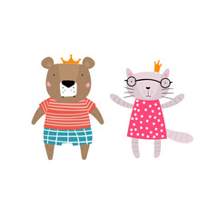 Bear and Cat Characters Staying Together