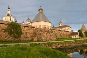 Spaso-Preobrazhensky Solovetsky Monastery in the summer from the Bay of well-being, Russia