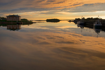 View of the Prosperity Cove on a polar summer day, at sunset. Solovki Islands, Arkhangelsk region, White Sea