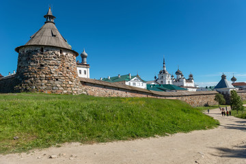 Spaso-Preobrazhensky Solovetsky Monastery in the summer from the Bay of well-being, Russia