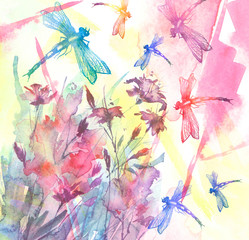 Watercolor bouquet of pink flowers,dragonflies. abstract splash of paint, fashion illustration. pink cornflower,iris, wildflowers, field or garden flowers. Blooming meadow,summer landscape. 