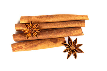 Close up the brown cinnamon stick with star anise spice isolated on white background , overhead and top view
