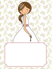 my first communion girl. Flowers background and space for text