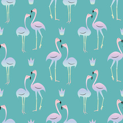 Obraz premium Flamingo pink bird with monstera leaf seamless pattern