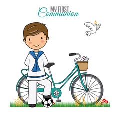 my first communion boy. Boy with bicycle