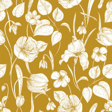Botanical seamless pattern with spring blooming garden flowers hand drawn with contour lines on yellow background