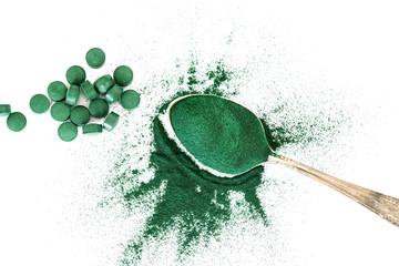 Close up group of a spirulina powder , a superfood and detox healthy nutrition