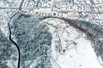 Rasnov fortress aerial view after a snow fall