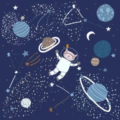 Foto op Plexiglas Kosmos Kinderachtig patroon met een kat in ruimte-elementen