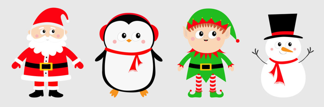 Snowman Santa Claus Elf Penguin set. Happy New Year. Merry Christmas. Red green black hat. Cute cartoon funny kawaii baby character. Greeting card. Flat design. Gray background.