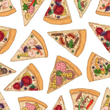 Seamless pattern with pizza slices on white background