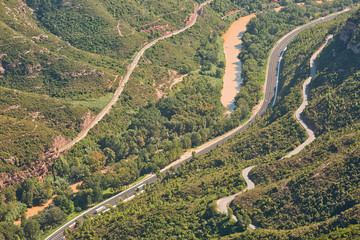 Aerial view to the scenery with diferent kinds of roads, summertime outdoor background
