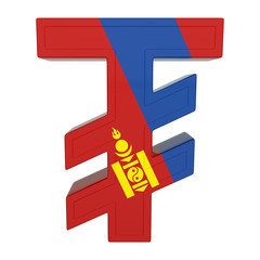 Currency symbol with national flag. Mongolian currency. 3d render isolated on white.