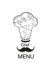 Cook's cap in vector. Hat on the background of the pattern of vegetables. Veggie Chefs Menu. Postcard and cover for cafe, restaurant.