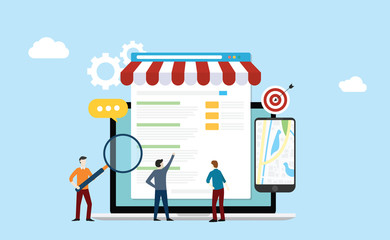 local seo market strategy business search engine optimization with team people working together on front of store and maps online - vector - obrazy, fototapety, plakaty