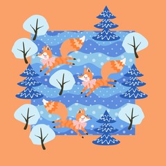 Little funny foxes frolic in mixed winter forest among the snow-covered trees. Cute card design in vector.
