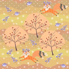 Seamless autumn patchwork pattern with cute cartoon foxes in the forest. Print for fabric, wallpaper.