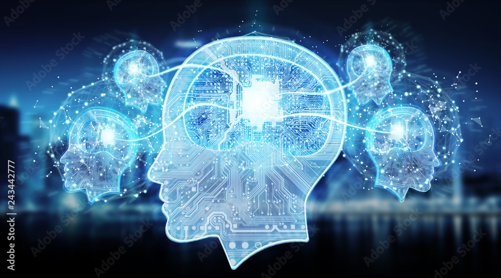 Poster Artificial intelligence digital brain background 3D rendering