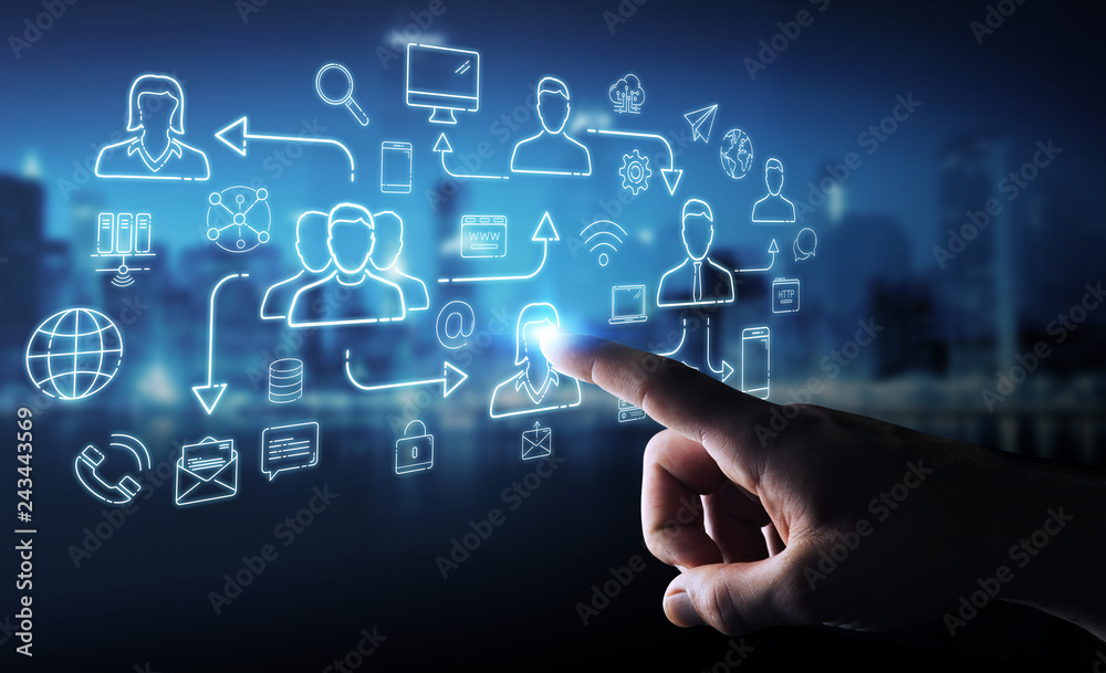 Poster businessman using thin line social network icons interface