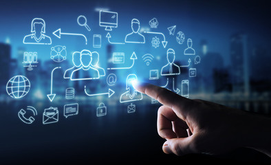 Businessman using thin line social network icons interface