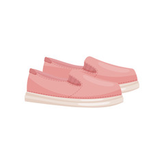 Pair of pink female slip-ons, side view. Cute shoes with rubber sole. Casual women footwear. Flat vector design