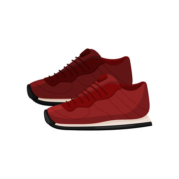 Pair of trendy red sneakers, side view. Soft shoes for sports. Casual footwear with rubber sole. Flat vector design