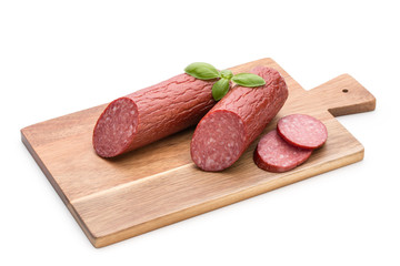 Salami smoked sausage, basil leaves on white background cutout.
