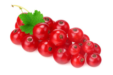 red currant with green leaf isolated on a white background. macro. healthy food