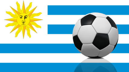 Realistic soccer ball on Uruguay flag background.