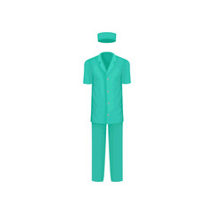 Male surgical suit. Classic clothes of medical worker. Short-sleeved shirt, pants and hat. Flat vector design