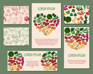 Vector colorful illustrations on the vegetarianism theme: various types of fresh vegetables and fruits. Eco lifestyle. Template for advertising products. Cards for your design.