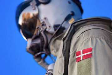 Air force pilot flight suit uniform with Denmark flag patch. Military jet aircraft pilot	