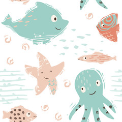 Sea baby cute seamless pattern. Sweet starfish, fish, octopus print