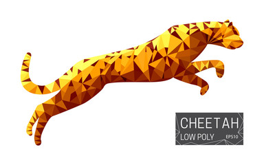 Low poly vector design of running cheetah in poilygon style. 