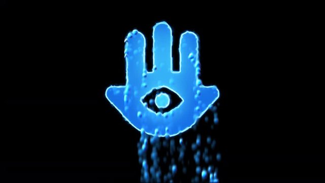 Liquid symbol hamsa appears with water droplets. Then dissolves with drops of water. Alpha channel black