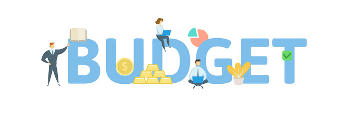 BUDGET word concept banner. Concept with people, letters, and icons. Colored flat vector illustration. Isolated on white background.