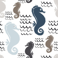 Sea baby cute seamless pattern. Sweet seahorse and wave print