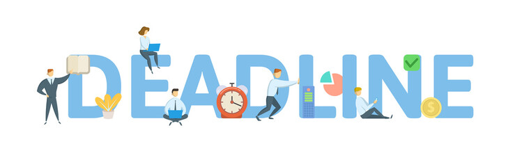 DEADLINE word concept banner. Concept with people, letters, and icons. Colored flat vector illustration. Isolated on white background.