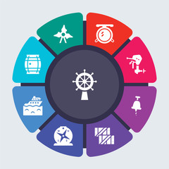 nautical vector template for infographics. Business concept with 9 options, steps, parts, segments. Banner infographic cycling diagram, round chart, Boat Steering Wheel, Screw icons