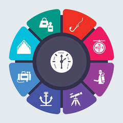 nautical vector template for infographics. Business concept with 9 options, steps, parts, segments. Banner infographic cycling diagram, round chart, Barometer, ballast, Bait, Azimuth compass icons