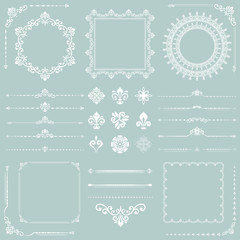 Vintage set of vector horizontal, square and round white elements. Different elements for backgrounds, frames and monograms. Classic patterns. Set of vintage patterns