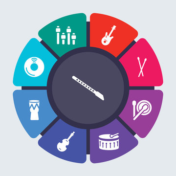 music vector template for infographics. Business concept with 9 options, steps, parts, segments. Banner infographic cycling diagram, round chart, Flute, Equalizer, Electric guitar icons