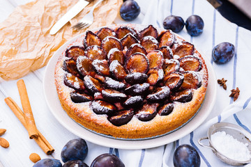 Homemade plum pie on the wooden background