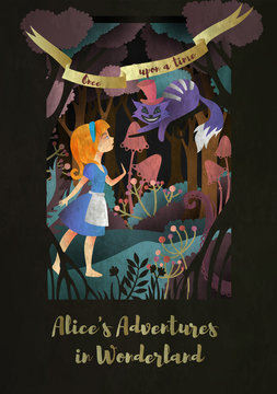 Girl and Cat in front of forest. Inscription "Alice's adwentures in wonderland" book cover or poster design