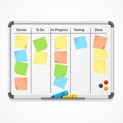 Realistic 3d Detailed Kanban Board with Color Sticky Notes and Markers. Vector